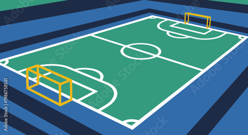 Isometric Futsal Soccer Court with Green Field, Blue Surface, Yellow Goals and White Lines