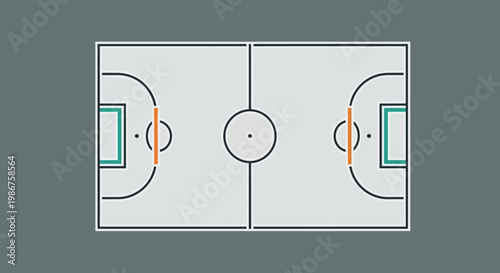 Grey Handball Court Top View with White Lines and Colored Goal Areas