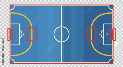 Top View of Blue Futsal Court with Goals, Flat Design, Transparent Background