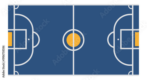 Blue Basketball Half Court Top View with Hoop, Flat Design, Isolated White Background