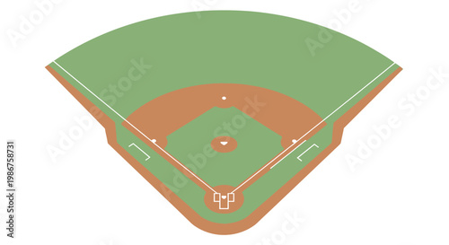 Top View of a Classic Baseball Field with Green Outfield and Brown Infield, Including All Bases, in an Outdoor Setting.