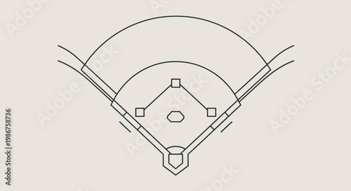 Minimalist Line Art Illustration of a Baseball Field or Diamond with Bases and Boundary Lines on a Light Beige Background.