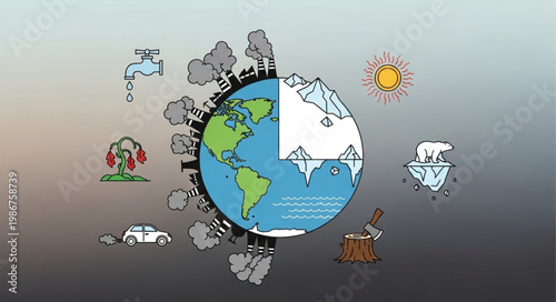 Global Warming Illustration - Half Earth with Environmental Issues and Solutions.