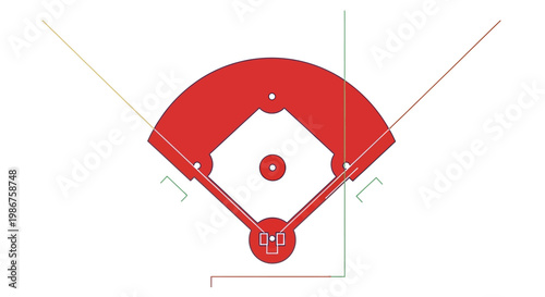 Minimalistic Red Baseball Field Design with White Lines and Base Positions, Top View on an Isolated White Background.