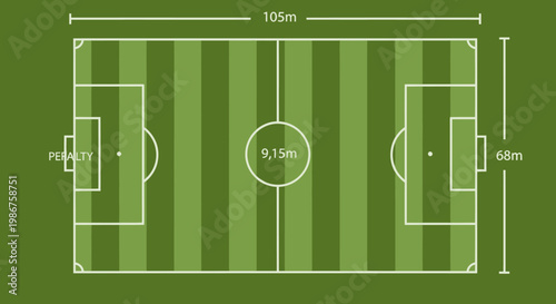 Aerial View of a Soccer Field or Football Pitch with Green Grass, White Marking Lines, Goalposts, and Dimensions.
