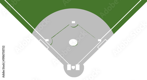 Top Down View of a Baseball Field with Green Outfield, Grey Infield, and Bases on a Bright Studio Background.