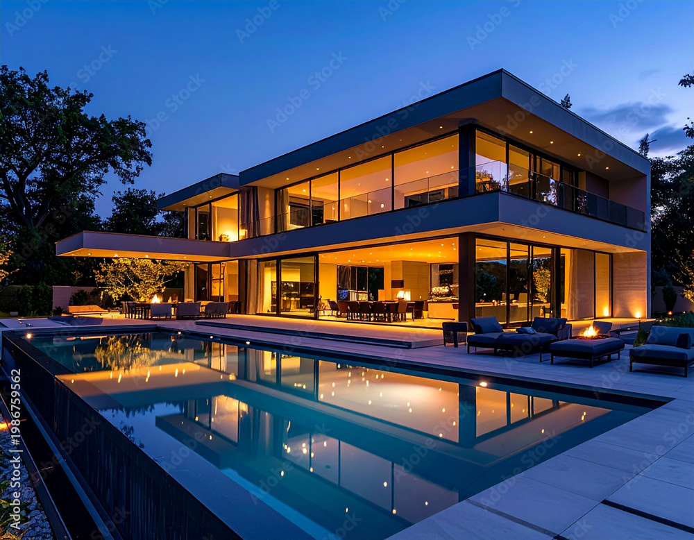 Fototapeta premium Modern luxury mansion with swimming pool and outdoor seating at twilight