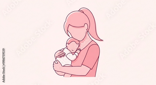 Mother tenderly holding newborn baby close pink tones convey love and warmth in minimalistic illustration