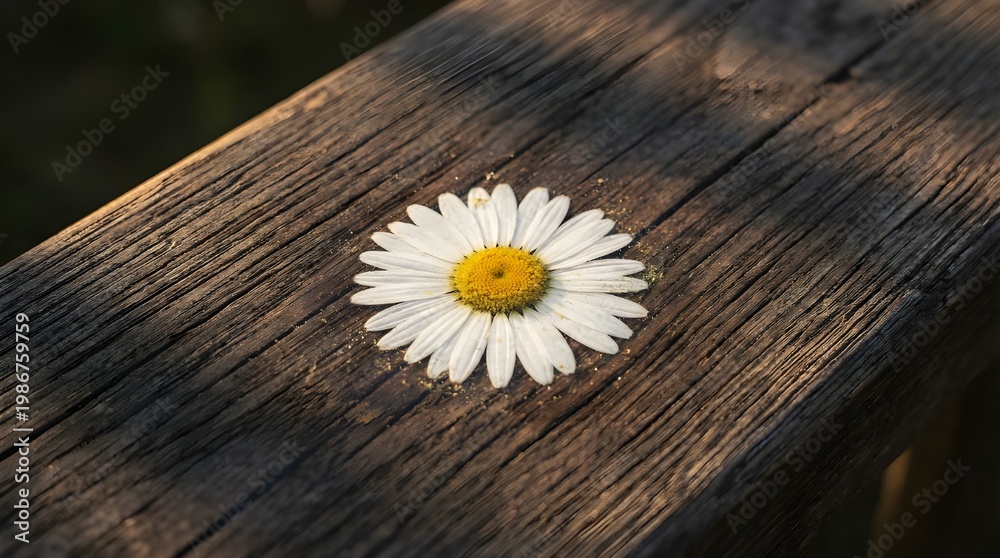 Obraz premium Daisy pressed flat Close-up of white daisy flower on weathered wooden planks in soft natural light