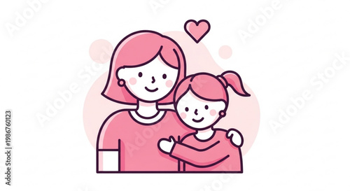 Mother and daughter in pink shirts hugging with heart above love and family concept illustration