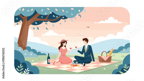 Romantic Couple Picnic Date Outdoors - Summer Leisure Lifestyle