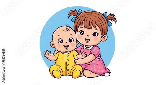 Cute cartoon siblings toddler girl and baby boy sitting together smiling and happy