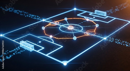 Neon circuit board, glowing blue lines, futuristic technology, electronic components