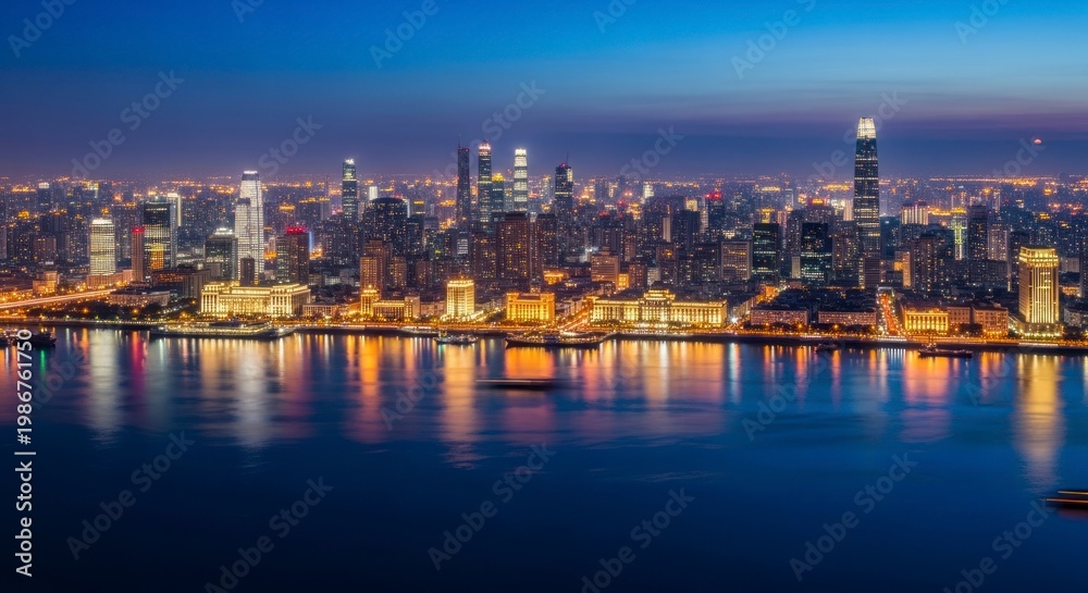 Obraz premium Shanghai's Luminous Horizon: The Bund's Golden Glow Meets Modern Towers at Dusk.
