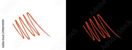 Orange marker diagonal parallel curved slashes on split white and black background, hand drawn strokes
