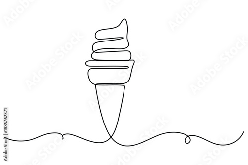 Single line of a swirled ice cream cone on a wavy line single line continuous line minimal