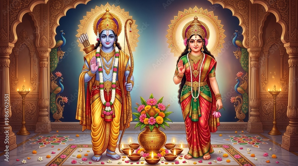 Fototapeta premium hindu, religious, god, rama, ram, goddess, sita, religious, story, ramayana, hindu, festival, ram, navmi, dashehara, gold, puppet, worship, art, india, religion, shiva, wallpaper, banner, buddhist, sc