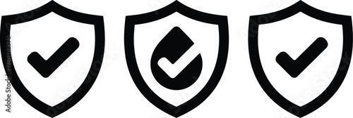 Shield icons set, modern flat vector icons with check marks representing security protection waterproof and verified status for UI UX and digital application design.