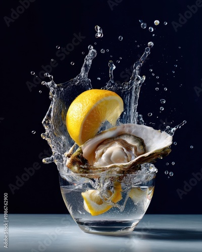 splash of lemon juice hitting an open oyster, droplets suspended in mid-air, dramatic lighting,