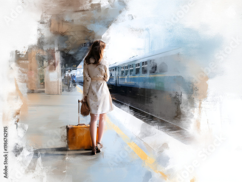 Illustration einer Frau mit Koffer am Bahnhof, wartend auf die Reise, Fernweh und Urlaubsgefühl mit Erwartung und Aufbruchsstimmung