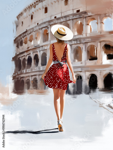 Illustration einer Frau im Sommerkleid vor dem Kolosseum in Rom, genießt Städtetrip in Italien mit Sonne, Urlaub und mediterranem Flair