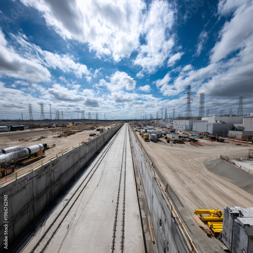 Großbaustelle mit Tunnelbau und Infrastruktur, moderne Industrie- und Bauarbeiten unter dramatischem Himmel