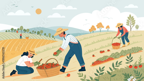 Farmers harvesting fresh produce in a sunny agricultural field with baskets and tools