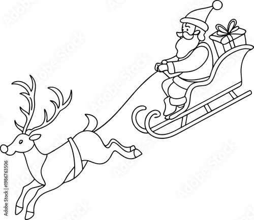 Santa claus riding in his sleigh pulled by a reindeer with a gift in the back coloring page.