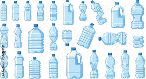 Plastic water bottle vector set, recycled blue mineral water containers, crumpled and empty plastic waste collection for environmental conservation