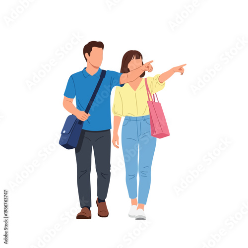 Couple Pointing Direction, Walking Together, Exploring New Places, Casual Style