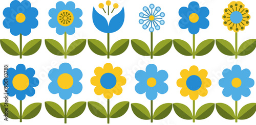 Scandinavian folk art flower icons, set of 12 blue and yellow floral vector elements, minimalist mid-century modern botanical illustrations