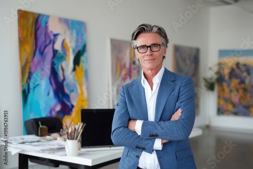 A real estate agent in a modern art gallery style office