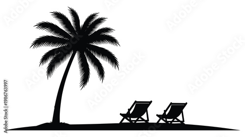 Beach chairs under palm tree silhouette for tropical vacation and travel concept.