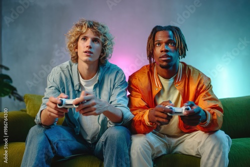 Friends playing video games on a couch, intense concentration, controller in hands, neon glow from screen