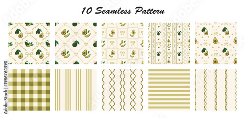 Coquette Avocado and Bow Seamless Pattern. Cute Hand Drawn Ribbon Vintage Background. Perfect for Fabric, Wrapping Paper, Wallpaper