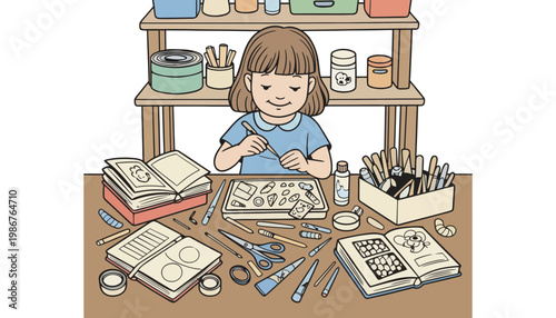 Girl craft vector illustration with art supplies and books on desk