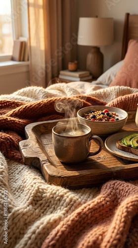 Cozy breakfast in bed with steaming coffee and granola on rustic wooden tray, knitted blankets