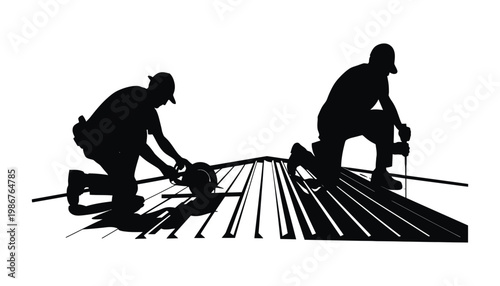 Two construction workers installing roofing materials in a black silhouette
