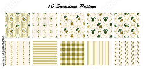 Coquette Avocado and Bow Seamless Pattern. Cute Hand Drawn Ribbon Vintage Background. Perfect for Fabric, Wrapping Paper, Wallpaper