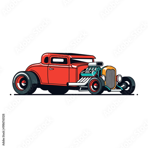 Retro Red Hot Rod Coupe with Supercharger and Custom Wheels