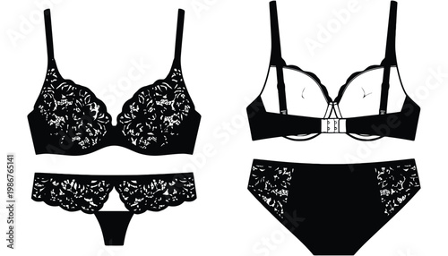 Lingerie set with black lace bra and panties on white background