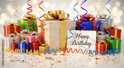 A vibrant collection of wrapped gifts adorned with ribbons, streamers, and confetti