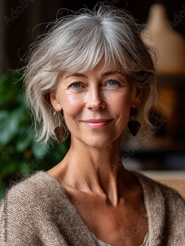 Elegant Senior Woman with Short Grey Hair Smiling Indoors
