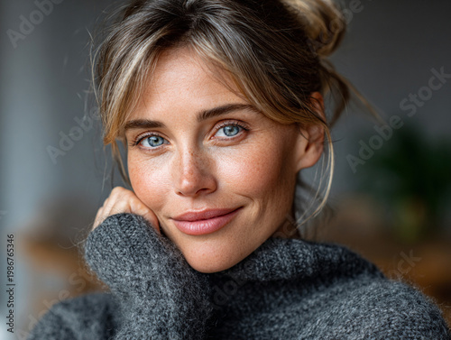 Captivating Portrait of a Young Woman Indoor Setting Photography Cozy Environment Close-Up Emotive Expression