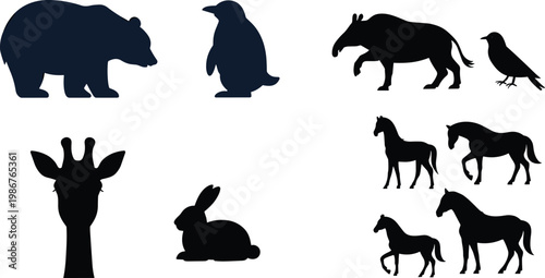 Animal silhouettes collection featuring bear penguin giraffe rabbit horses and birds vector illustration set isolated on white background