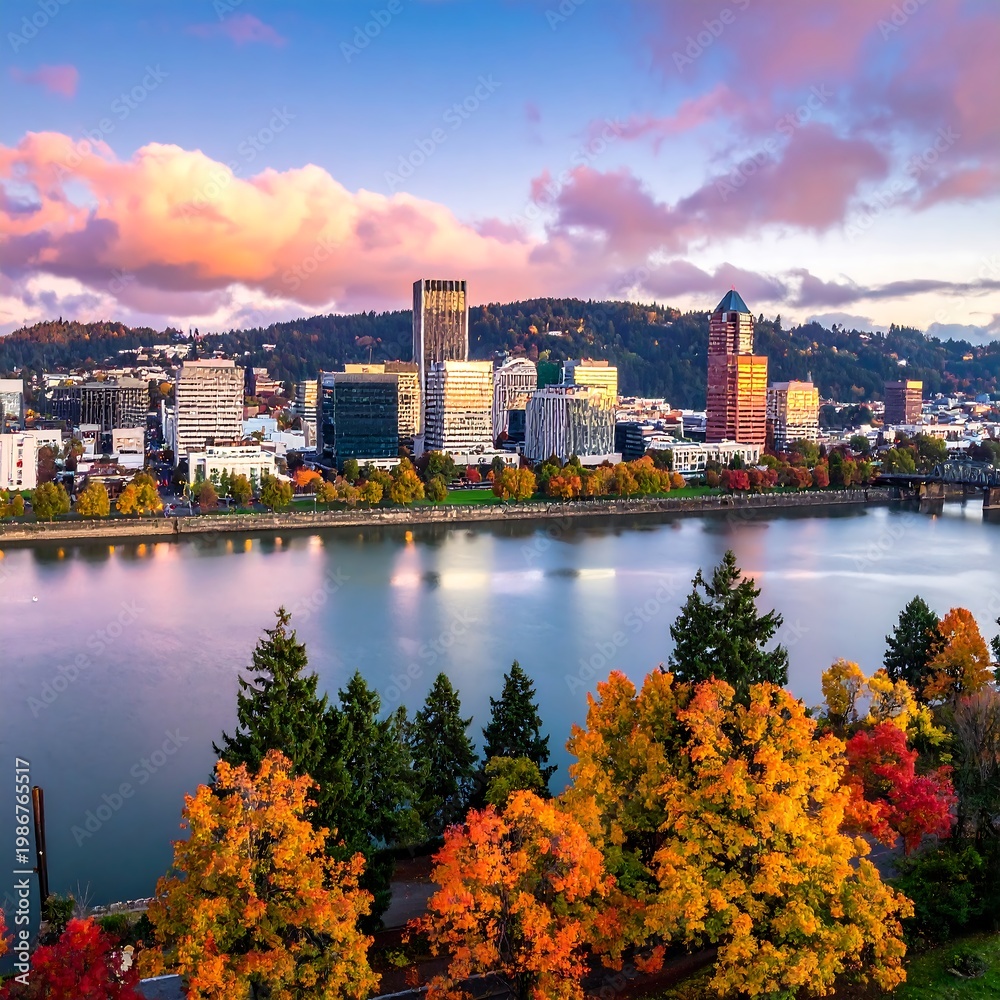 Fototapeta premium City skyline reflecting in river at dusk, with colorful autumn foliage