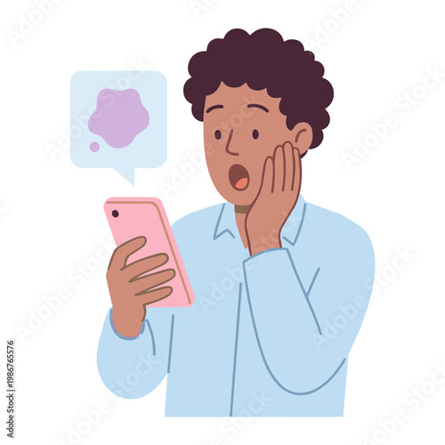 A man reacts with surprise while looking at his phone.