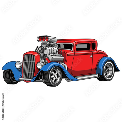 Vintage Hot Rod Car with Supercharger - Red and Blue Custom Classic Automobile