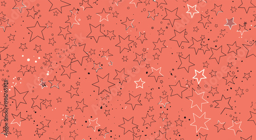 Seamless pattern featuring hand-drawn black stars and tiny dots scattered across a warm coral background for creative textile and wallpaper designs.