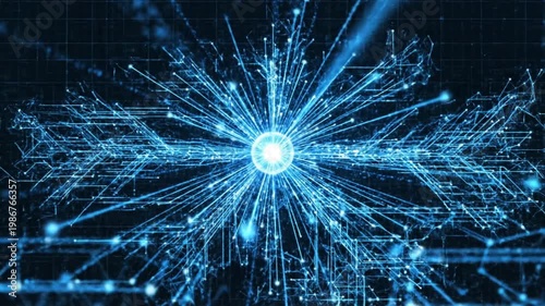 Abstract digital network connection glowing with bright blue light and intricate geometric patterns on a dark background